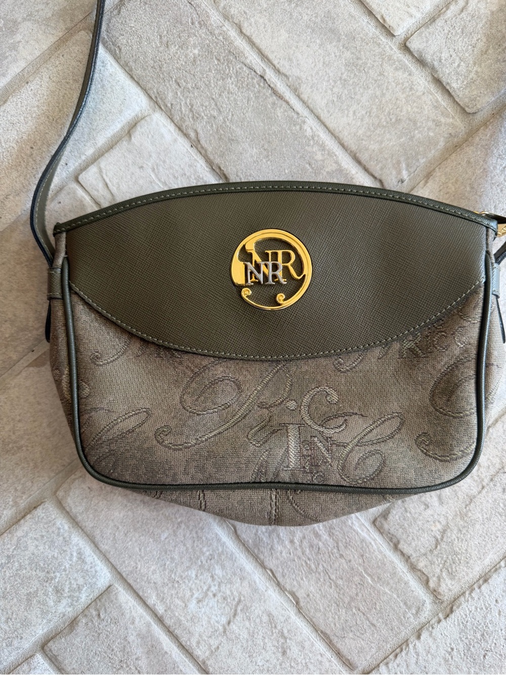 Vintage Nina Ricci Paris Monogram Jacquard Crossbody Bag Olive Gold Logo